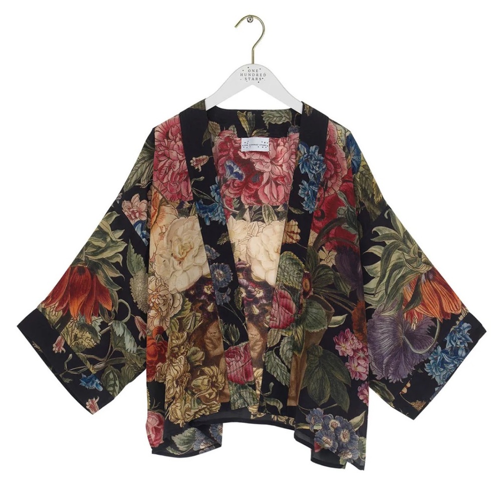 One Hundred Stars Primula Black Crepe Kimono NWT
